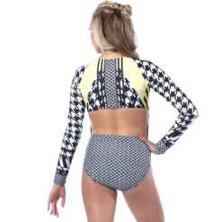 Houndstooth Zipper Front Long Sleeve Leotard