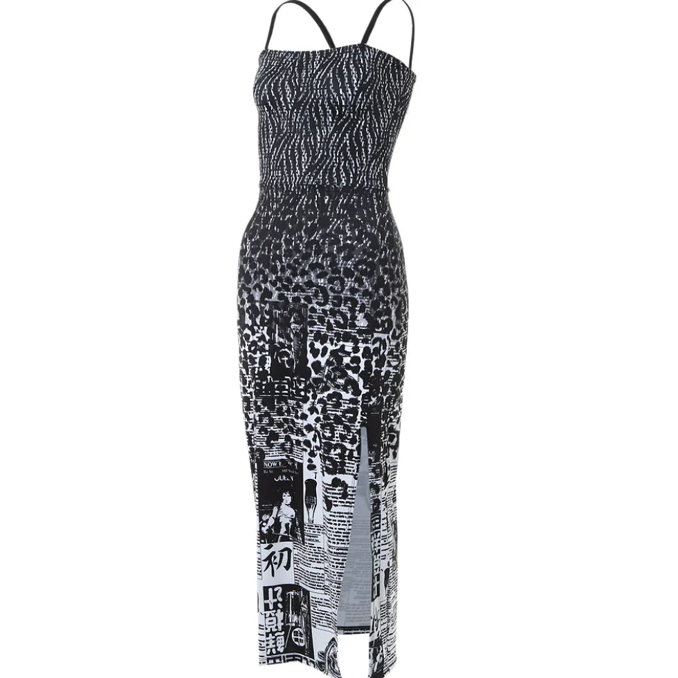 Newspaper Leopard Merge Dress with Slit