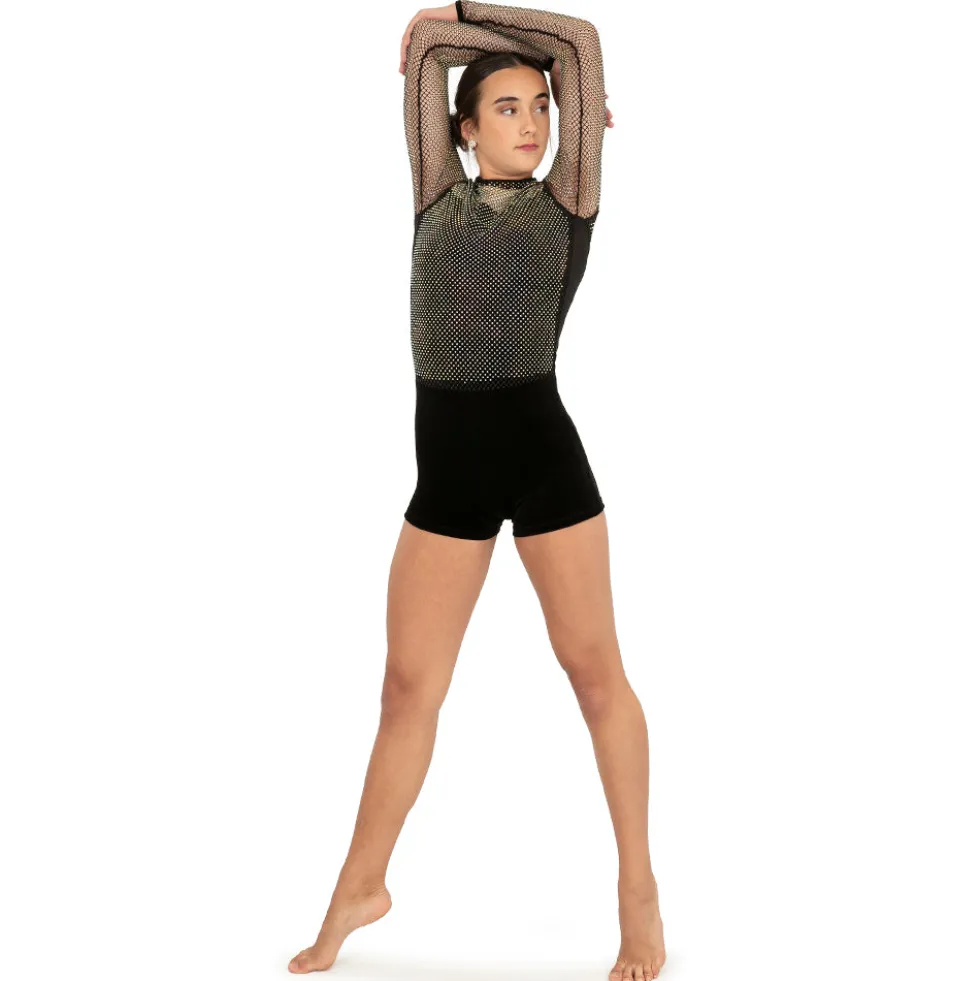 Rhinestone Mesh Velvet Biketard