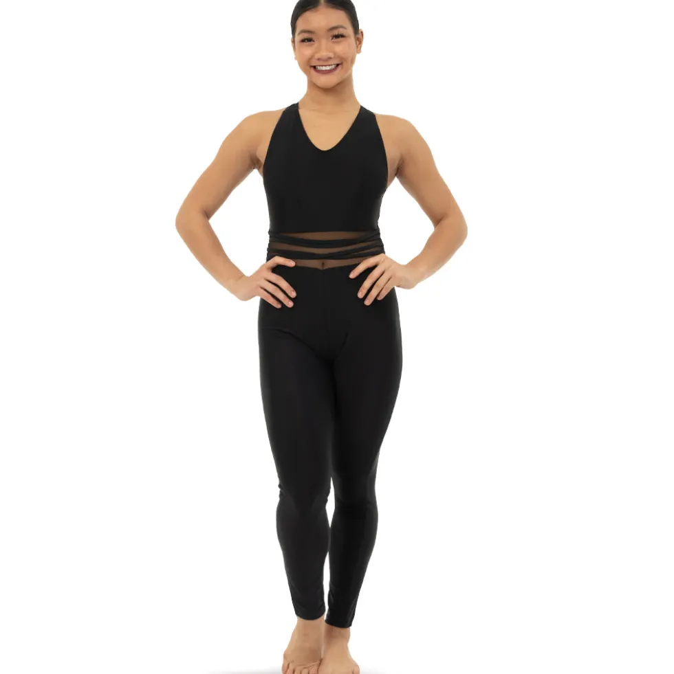 V-Neck Criss Cross Mesh Panel Tank Unitard