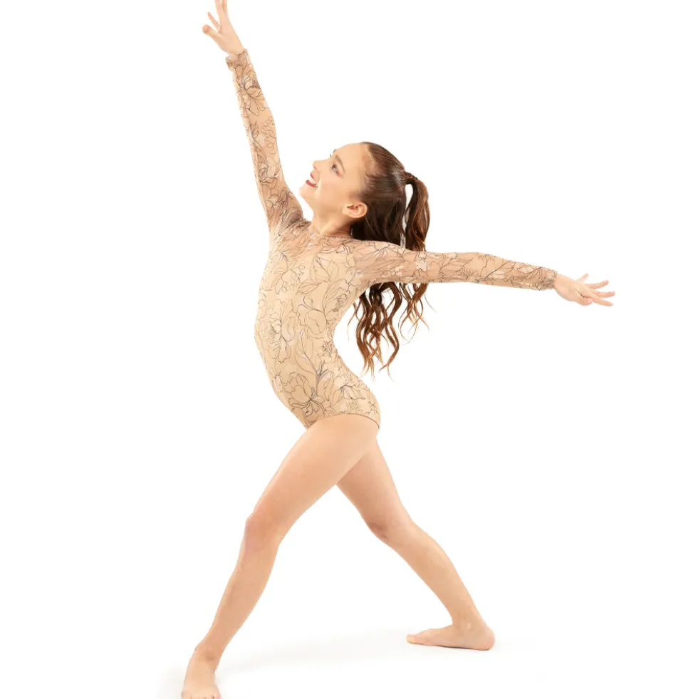 Youth Long Sleeve Floral Flocked Mesh Leotard