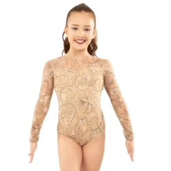 Youth Long Sleeve Floral Flocked Mesh Leotard