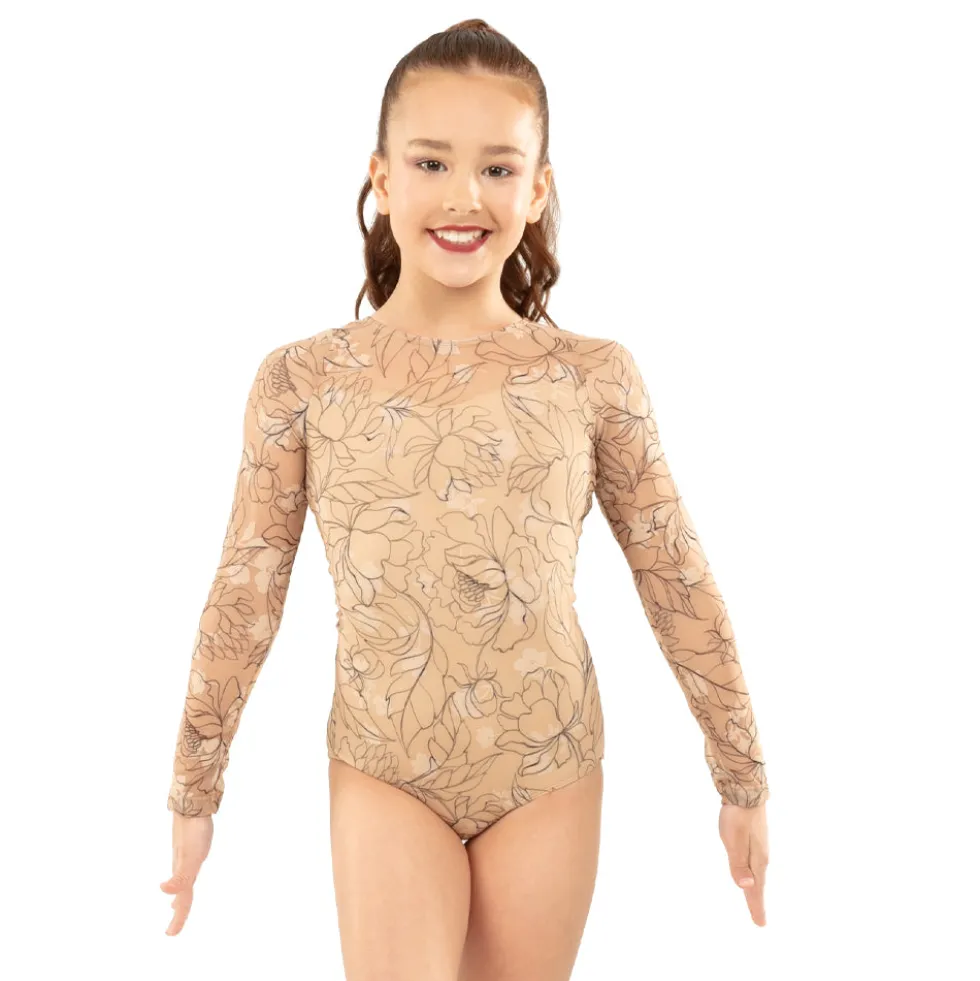Youth Long Sleeve Floral Flocked Mesh Leotard